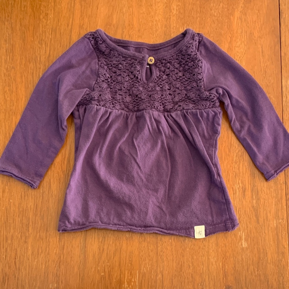 🍊5/$25 Burts Bees Baby Organic Purple Long-Sleeve Crochet Yoke Tee size 12m